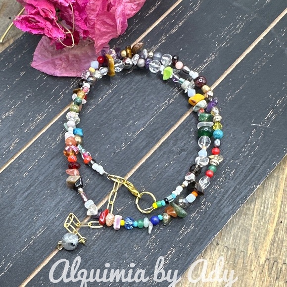 Rainbow multi stone beaded handmade gold adjustable short jeweled necklace - Picture 2 of 3